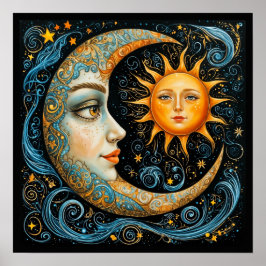 Poster Sonho Celestial Caprichoso: Lua e Sol. Arte