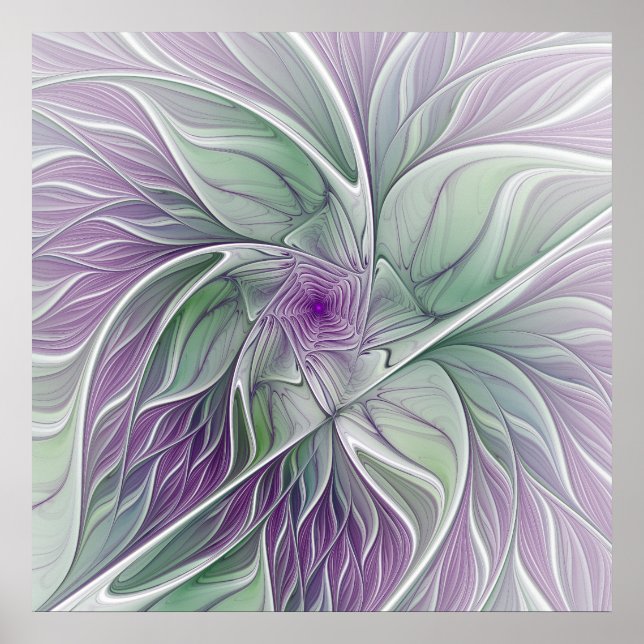 Poster Sonho de Flor, Arte Fractal Verde Abstrato púrpura (Frente)