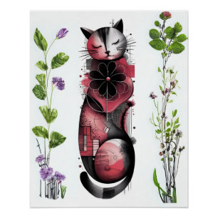 Póster Sonhos Botânicos e Sussurros - Gato Abstrato
