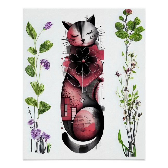 Póster Sonhos Botânicos e Sussurros - Gato Abstrato (Frente)