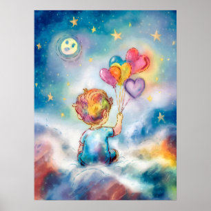Poster Sonhos Celestiais - Menino com Balões no Coração