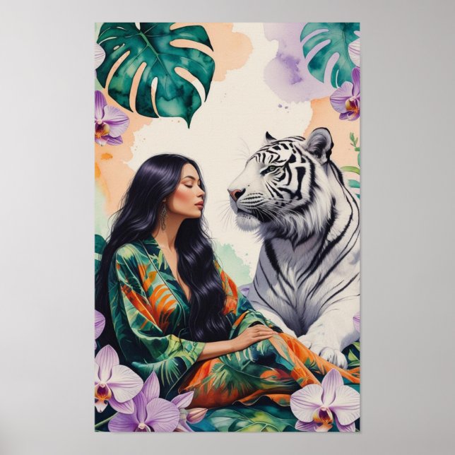 Poster Sonhos da Selva Boho Paisagem Tigre Branco & Mulhe (Frente)