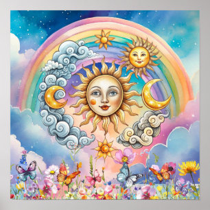 Poster Sonhos Doces Florais Sol, Estrelas & Lua