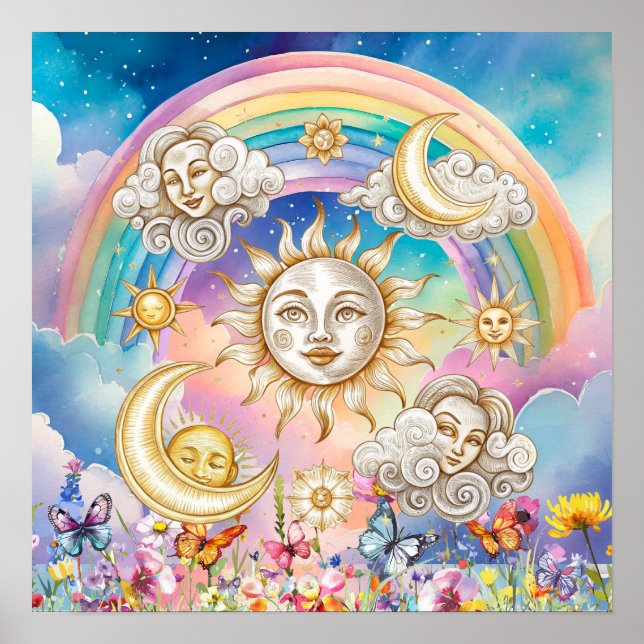 Poster Sonhos Doces Florais Sol, Estrelas & Lua  (Frente)