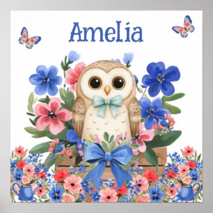 Poster Sonhos Doces Floral Bebê Coruja & Nome da Criança