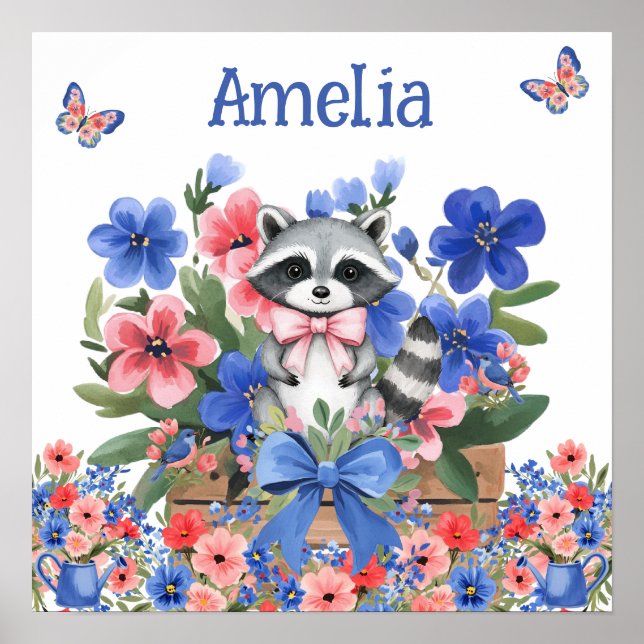Poster Sonhos Doces Floral Bebê Mapache & Nome da Criança (Frente)