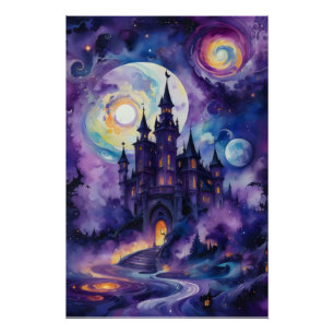 Póster Sonhos Galáxicos: Castelo Místico no Céu Roxo
