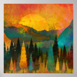 Poster Sonnenuntergang in den Bergen - Buntes Aquarell