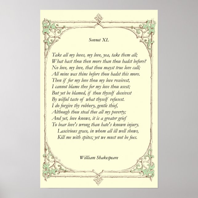 Poster Sonnet nº 40 por William Shakespeare (Frente)