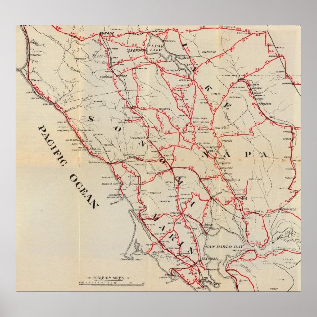 Poster Sonoma, Marin, Lake e condados Napa (Frente)