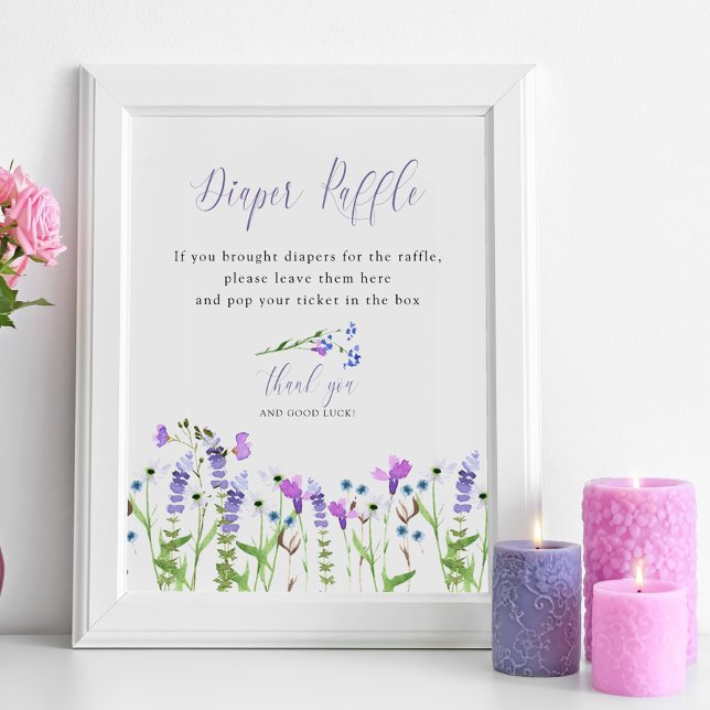 Poster Sorteio de Fraldas Chá de Bebê Flor Silvestre Roxa (Baby Shower Diaper Raffle sign from my Purple Wildflower Collection. Order printed or as a printable)