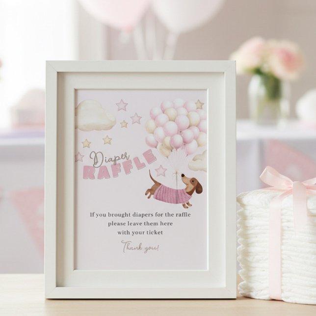 Poster Sorteio de Fraldas Dachshund Rosa Jogo de Chá de B (Pink dachshund theme diaper raffle sign for girl baby shower)