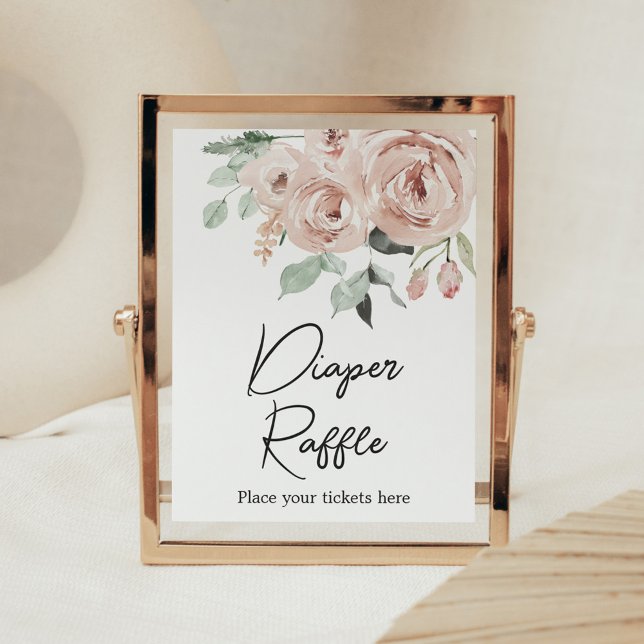 Poster Sorteio de Fraldas Rosa Poeira É uma Menina (It's a Girl Dusty Pink Rose Baby Shower Diaper Raffle Sign)