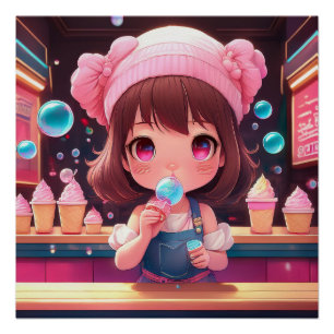 Póster Sorvete de Caractere Chibi Art Chibi