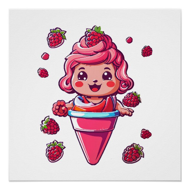 Póster Sorvete de framboesa Kawaii (Frente)