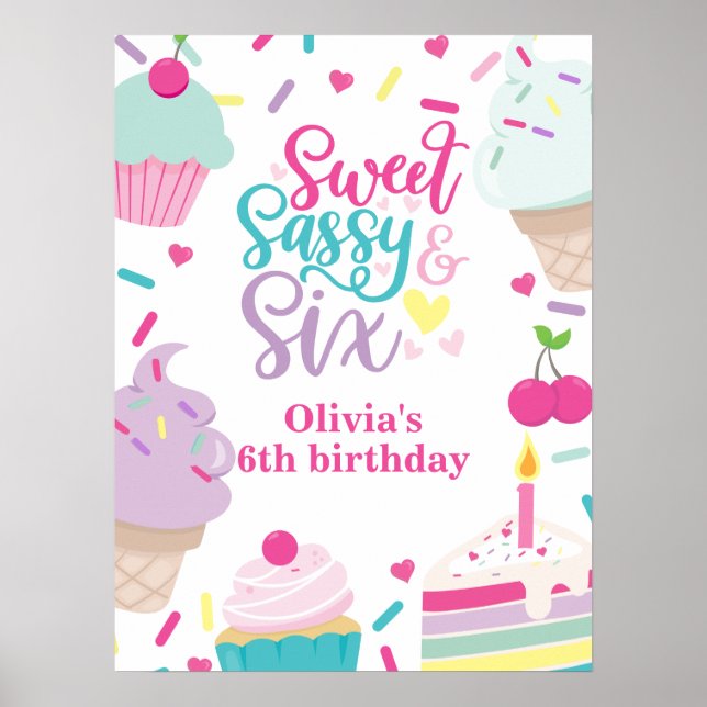 Poster Sorvete e Bolo Doce Sassy Seis 6 Aniversário (Frente)