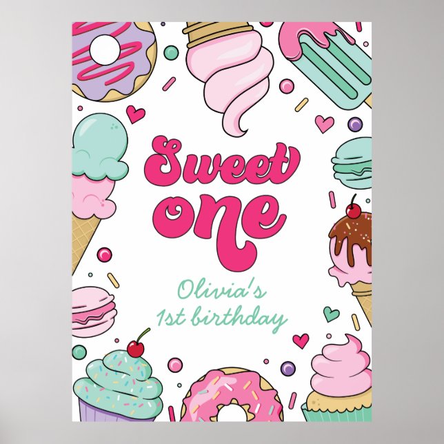 Poster Sorvete e Bolo Doce Um 1º Aniversário (Frente)