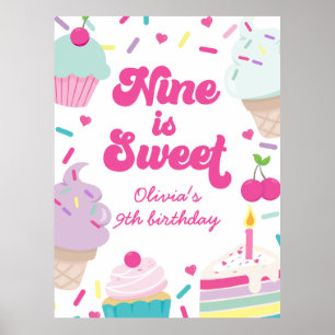 Poster Sorvete e Bolo Nine é um Doce 9º Aniversário