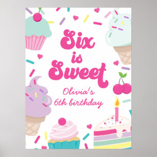 Poster Sorvete e Bolo Seis é Doce Aniversário de 6 anos