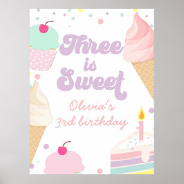 Poster Sorvete e Bolo Três é aniversário de 3 anos doce