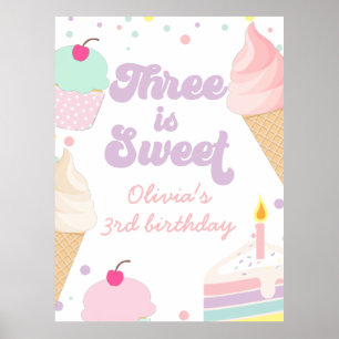 Poster Sorvete e Bolo Três é Doce 3º Aniversário