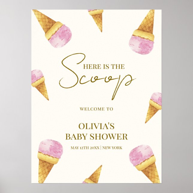 Poster Sorvete rosa de verão, Chá de fraldas bem-vindo (Frente)