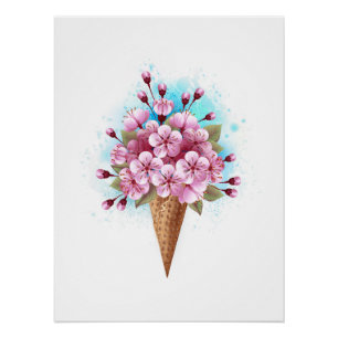 Póster Sorvete Waffle Rosa Sakura Cone