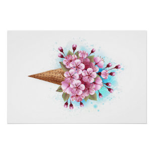 Póster Sorvete Waffle Rosa Sakura Cone