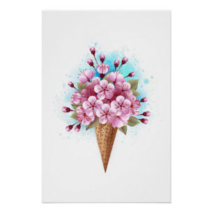 Póster Sorvete Waffle Rosa Sakura Cone