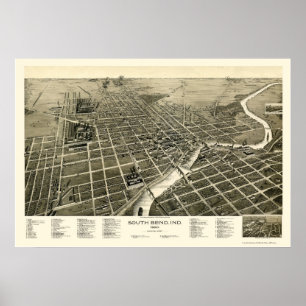 Póster South Bend, EM Mapa Panorâmico - 1890