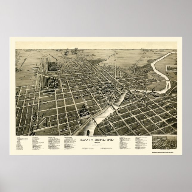 Póster South Bend, EM Mapa Panorâmico - 1890 (Frente)