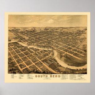 Póster South Bend, NO Mapa Panorâmico - 1874