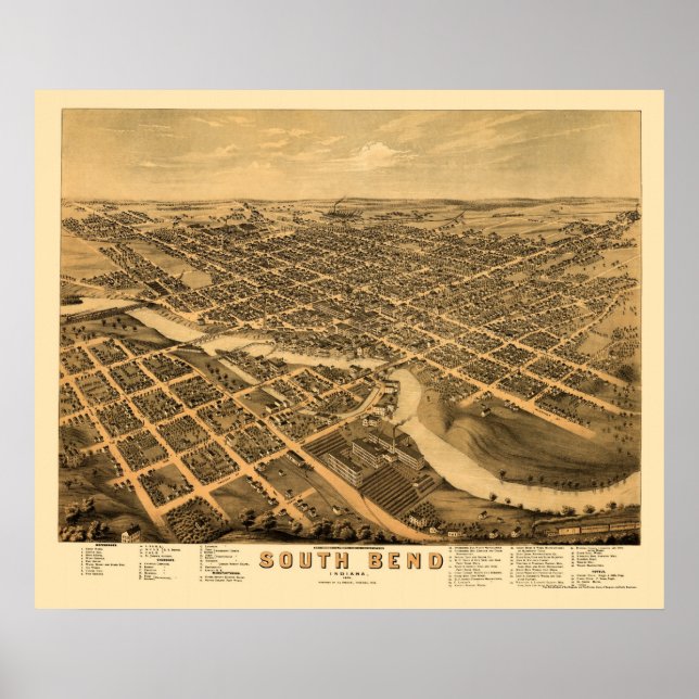 Póster South Bend, NO Mapa Panorâmico - 1874 (Frente)