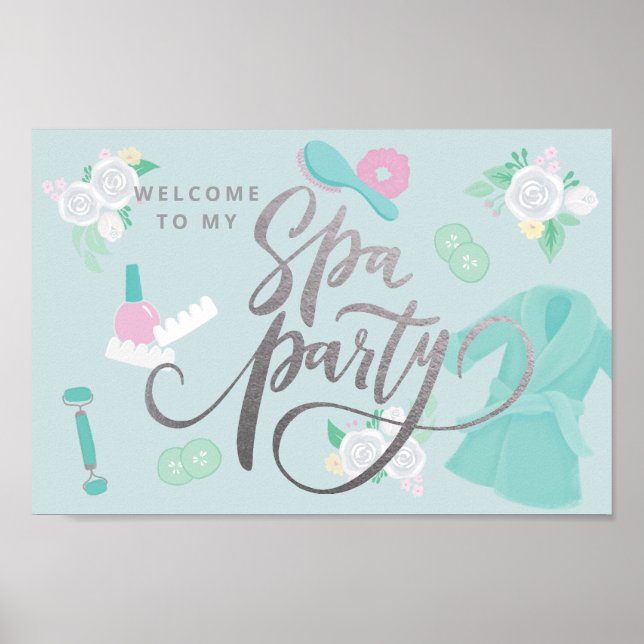 Poster Spa Party Elegante em prata azul/faux (Frente)