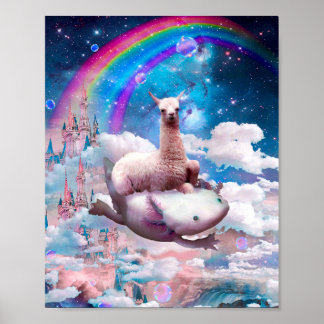 Poster Space Llama Riding Axolotl - Arco-íris