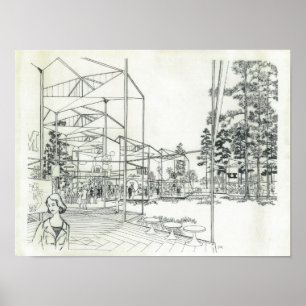 Póster Space Needle Aerial Concept Drawing
