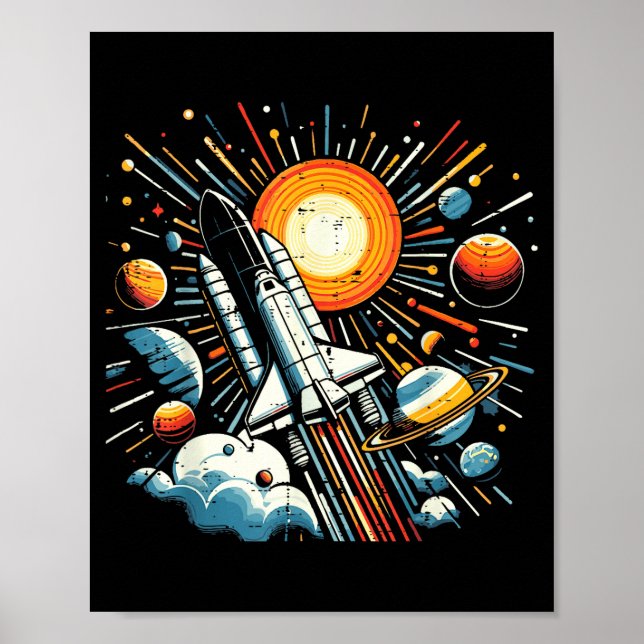 Poster Space Shuttle Sun Planets Rocket Galaxy Boys Kids  (Frente)