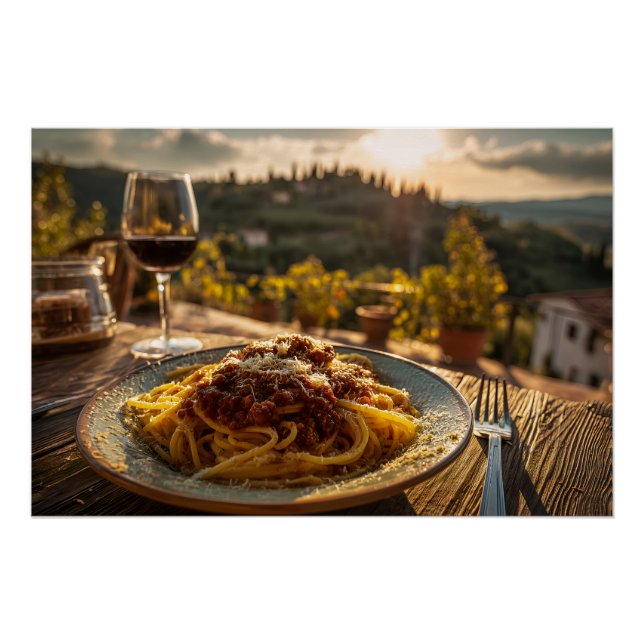 Póster Spaghetti Bolognese na Mesa do terraço do Vineyard (Frente)