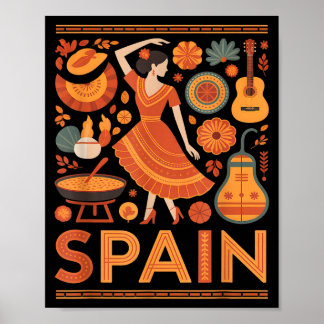Poster Spain funny spanish culture flamenco guitar paella