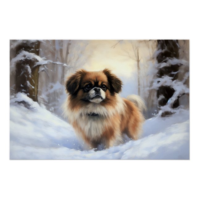 Póster Spaniel Tibetano Deixe Nevar Natal (Frente)