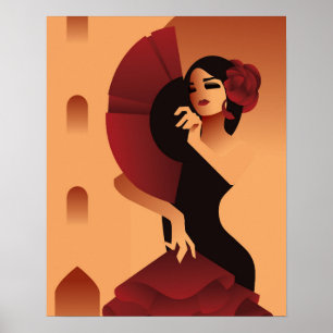 Poster Spanish Lady with fan and rose in hair