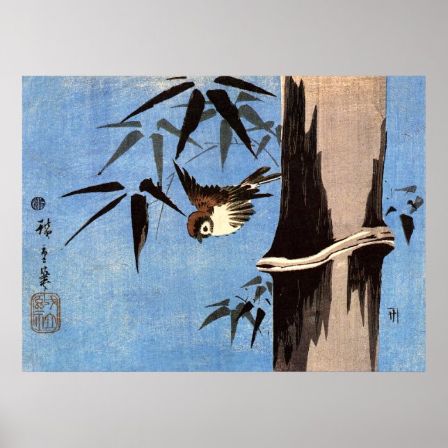 Póster Sparrow e Bamboo, Ando Hiroshige (Frente)
