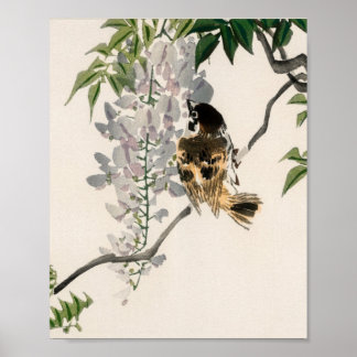Poster Sparrow em um galho por Kono Bairei