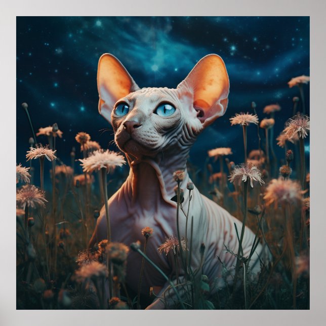Poster Sphynx Cat Gazing Sky – Vibrant Floral Art (Frente)