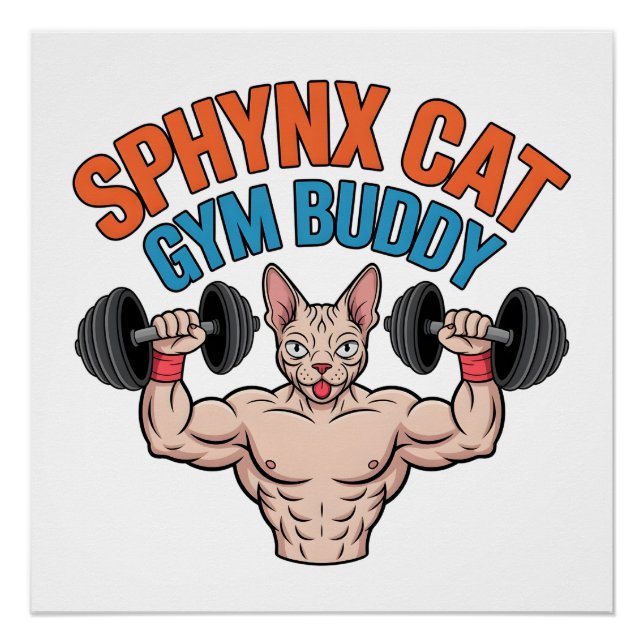 Póster Sphynx Cat Gym Buddy Muscular Cartoon Art (Frente)