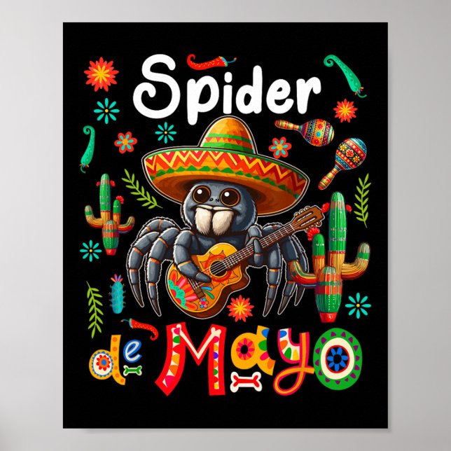 Poster Spider Cinco De Mayo Mexicano Sombrero Guitar Cor (Frente)