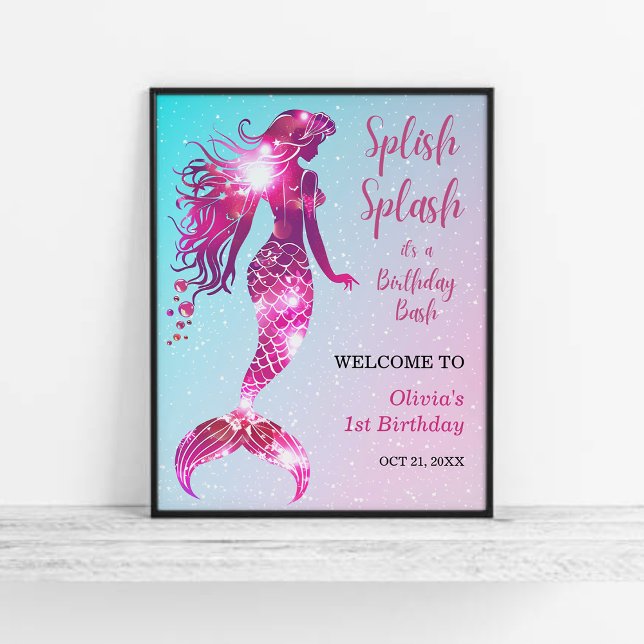 Poster Splash Splash Smermaid Girl primeiro aniversario B (Splish Splash Mermaid Girl 1st Birthday Welcome Sign )