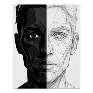 Póster Split Face Low Poly Geometric Line Art Poster