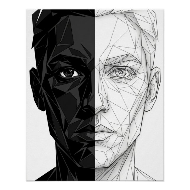 Póster Split Face Low Poly Geometric Line Art Poster (Frente)