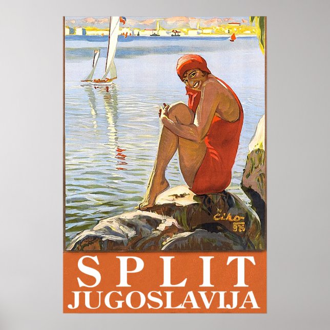Poster Split, Iugoslávia, menina na rocha junto ao mar (Frente)